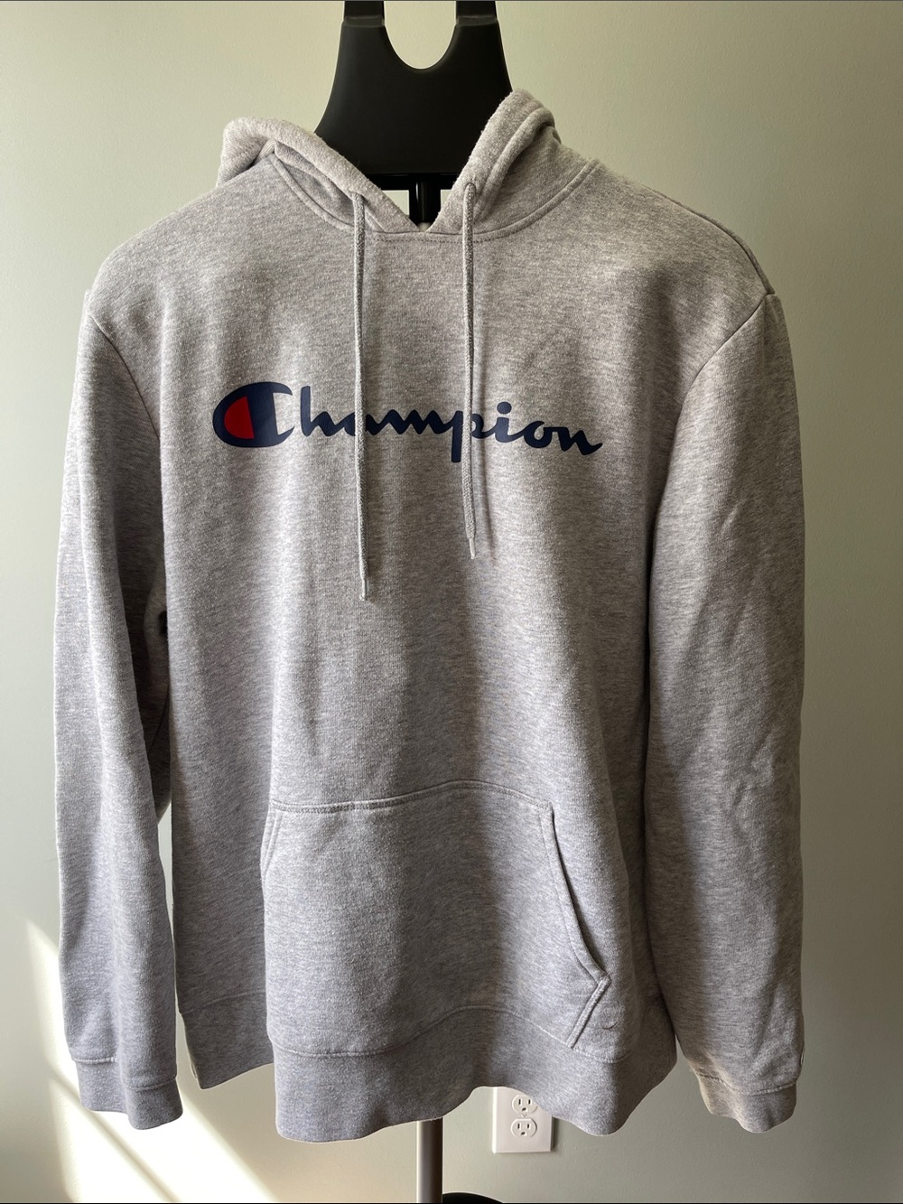 Champion Heather Gray Hoodie with Navy & Red Script